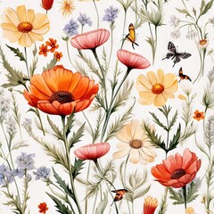Fleurs multicolores abstraites minimalistes sans couture avec feuilles, plantes et insectes. Vecteur, idéal pour les cartes postales, les affiches, la décoration. IA générative, générative, IA