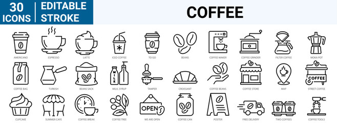 set of 30 line web icons coffee. Icoffee maker machine, beans, Espresso cup. Collection of Outline Icons. Vector illustration.
