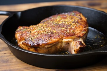 pan-seared honey mustard pork chop on a cast-iron skillet