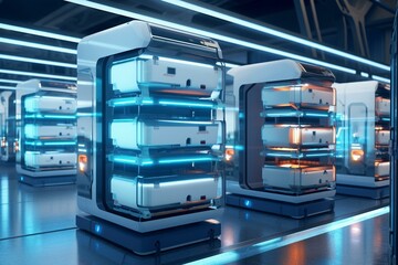 Intelligent robots perform automated sorting and storage of goods in a warehouse with a refrigeration chamber for food storage. 3D rendering. Generative AI