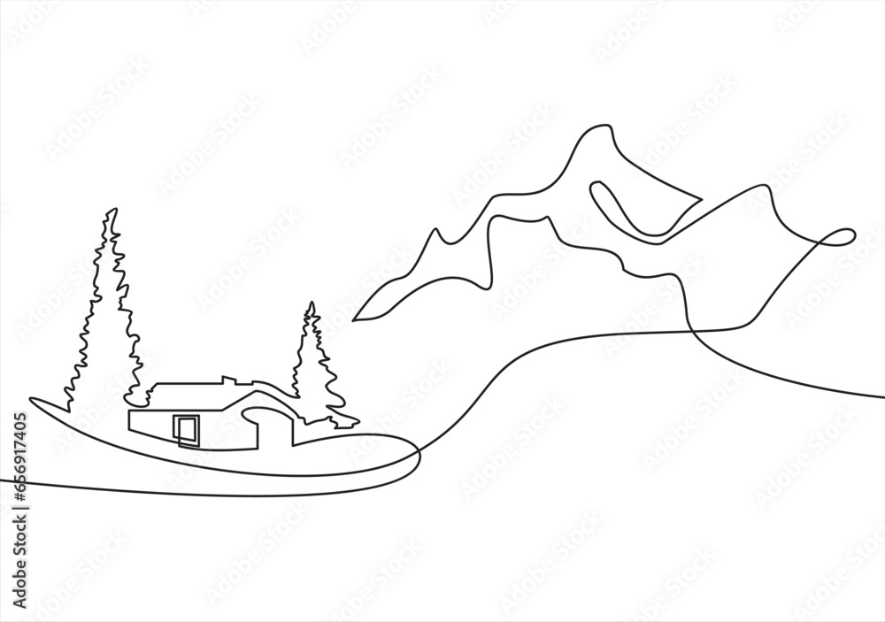 Poster one continuous line drawing of mountain range landscape. web banner with mounts in simple linear sty
