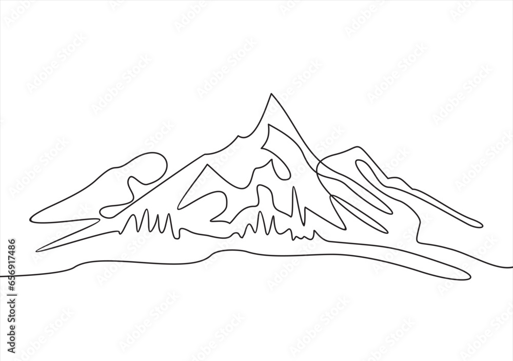 Poster one continuous line drawing of mountain range landscape. web banner with mounts in simple linear sty