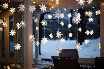 snowflake-shaped string lights hanging above a patio - obrazy, fototapety, plakaty