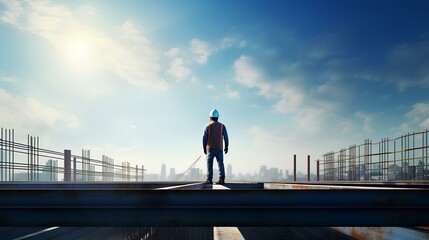 Building construction site and worker standing on steel and concrete material and blue sky ai generated 