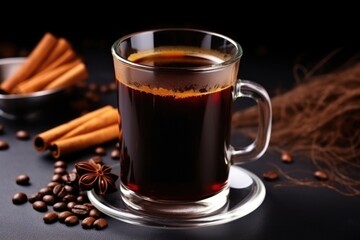 black coffee in a glass mug with cinnamon sticks