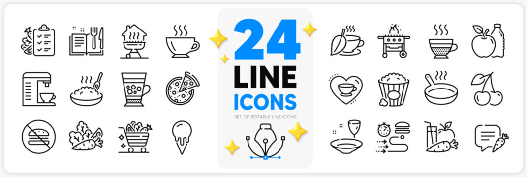 Icons set of Love coffee, Cherry and No burger line icons pack for app with Coffee machine, Vegetables, Food delivery thin outline icon. Frappe, Porridge, Gas grill pictogram. Apple. Vector