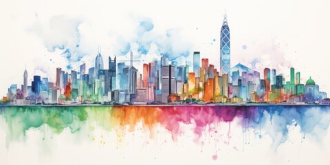 Rainbow Aquarelle Silhouette of Hong Kong's Iconic Cityscape, Showcasing Victoria Peak, Tian Tan Buddha, and the Vibrant Tapestry of Chinese Culture