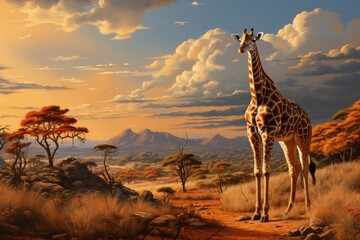 Beautiful image of a giraff and mother walking in the dry grass of savanna at sunset. African wildlife. Generative Ai - obrazy, fototapety, plakaty