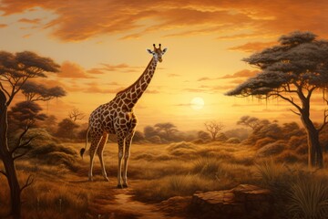 Fototapety  Beautiful image of a giraff and mother walking in the dry grass of savanna at sunset. African wildlife. Generative Ai