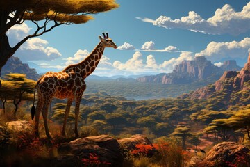 Beautiful image of a giraff and mother walking in the dry grass of savanna at sunset. African wildlife. Generative Ai