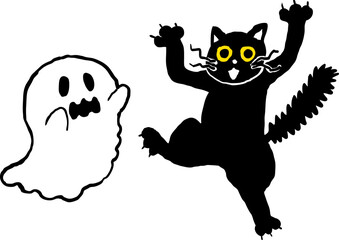 おばけに驚く黒ねこと黒ねこに驚くおばけ1