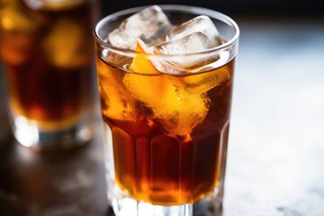 close-up of iced tea with ice cubes under natural lighting