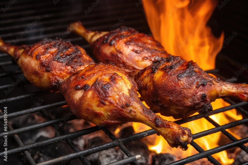 Poster close-up shot of jerk drumsticks in a smoking barbeque grill