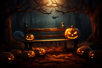 Halloween pumpkin on a wooden bench in autumn park in magic night