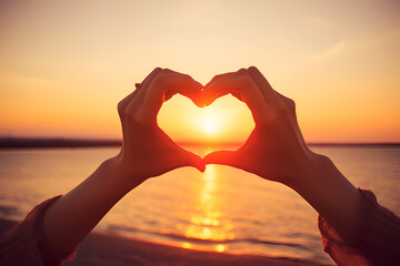 Female making heart shape hand in a beautiful sunset nature setting. Love and compassion concept, - Powered by Adobe