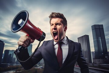 Business man screaming with a megaphone outside the office - obrazy, fototapety, plakaty