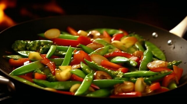 A vibrant vegetable stir-fry in a sizzling hot pan.
