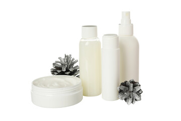 PNG, Cosmetic bottles and jar with cream isolated on white background