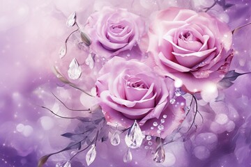 Soft purple floral background with roses and gemstones. Digital artwork. Generative AI