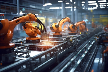 Automation in der Serienfertigung, Herstellung von Industriegütern mit Robotik, erstellt mit gernerativer KI - obrazy, fototapety, plakaty