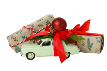 PNG, New Year's gifts with a car, isolated on a white background.