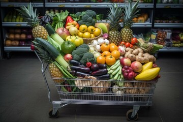 A cart full of healthy groceries in a supermarket. Good resolutions for the new year. Generative AI