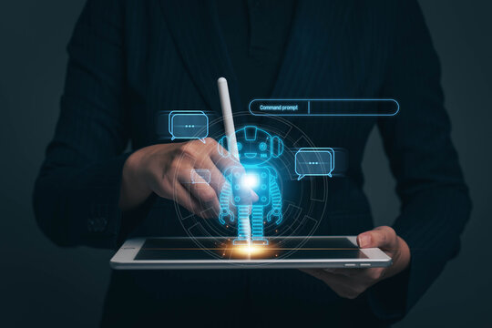 usiness people are using artificial intelligence ai concept chat technology Intelligent digital chat robot, future technology concept. Using AI to create something from text