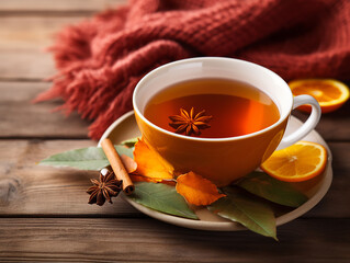 Cup of hot herbal tea with a colorful scarf with autumn leaves on a wooden background