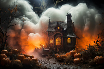 Haunted castle in a foggy Halloween night.