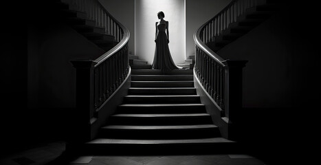 Woman in ballgown on staircase, low-key