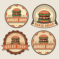 Burger vintage badge fast food logo set. Bistro, snack bar, street restaurant, diner icons.