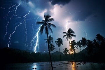 Flashing thunderstorm: intense lightning during tropical weather. Generative AI