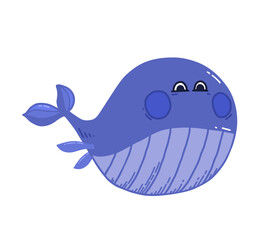 Cute blue Whale in doodle style. Hand drawn Sea animal isolated on white background for childrens stickers, postcard, baby shower card