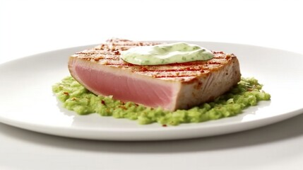 Top view of a seared tuna steak with a sesame crust and wasabi aioli.