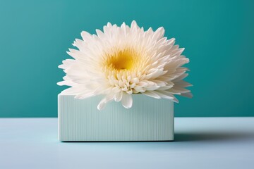 a white chrysanthemum flower on top of a light blue yoga block