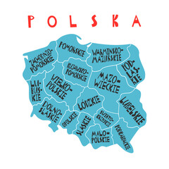 Vector Hand Drawn Stylized Map Of Polish Provinces. Travel Illustration. Republic Of Poland Geography Illustration. Europe Map Element - obrazy, fototapety, plakaty
