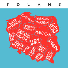 Vector Hand Drawn Stylized Map Of Polish Provinces. Travel Illustration. Republic Of Poland Geography Illustration. Europe Map Element - obrazy, fototapety, plakaty