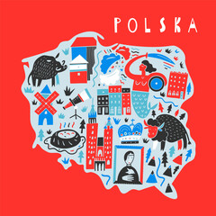 Vector Hand Drawn Stylized Map Of Polish Landmarks. Travel Illustration. Republic Of Poland Geography Illustration. Europe Map Element