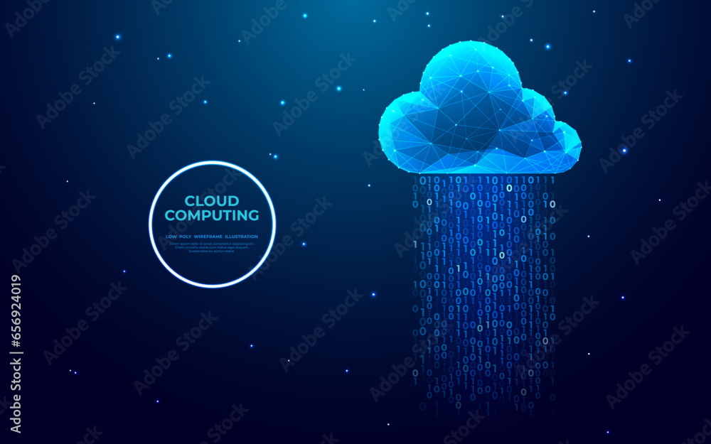 Poster Abstract cloud computing technology concept. Digital cloud and binary code. Download and upload data information storage. Low poly wireframe vector illustration in futuristic hologram style.