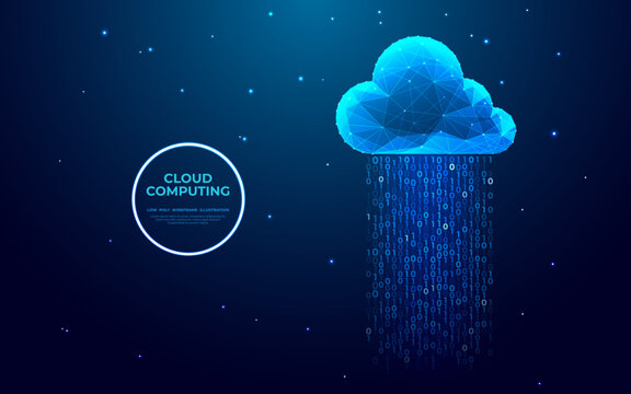 Abstract cloud computing technology concept. Digital cloud and binary code. Download and upload data information storage. Low poly wireframe vector illustration in futuristic hologram style.