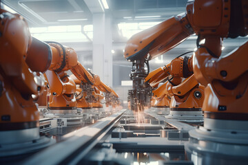 Automation in der Serienfertigung, Herstellung von Industriegütern mit Robotik, erstellt mit gernerativer KI - 656924222