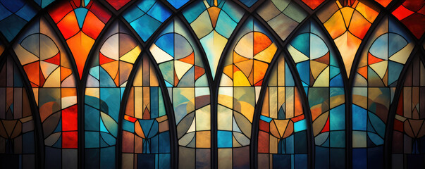 Stained Glass Window Backdrop With Dynamic Shapes And Colors . Сoncept Abstract Art, Colorful Design, Geometric Patterns, Interior Décor