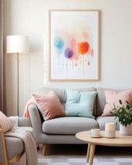 Cozy living room with pastel-colored decor, focus on a white-framed mockup painting illuminated by a stylish lamp, shot with soft focus.