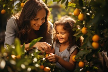 Mother and daughter time picking fruit and happiness. AI generative - obrazy, fototapety, plakaty