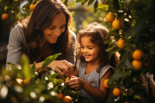 Mother and daughter time picking fruit and happiness. AI generative