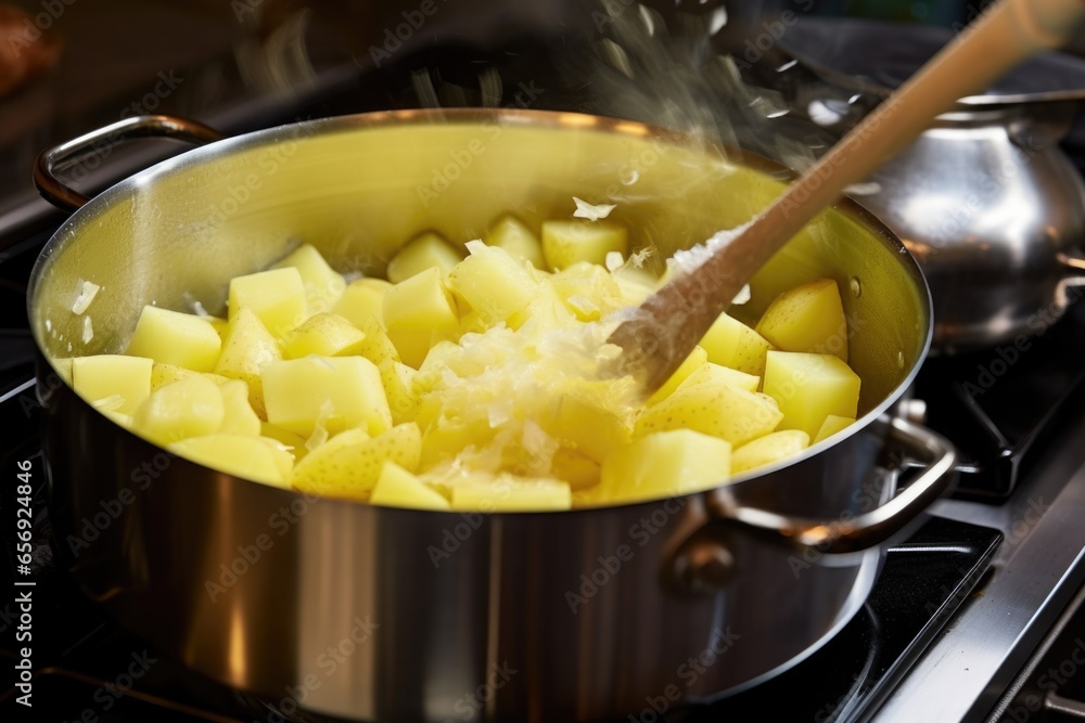 Poster stirring a pot of boiled potatoes ready to be mashed