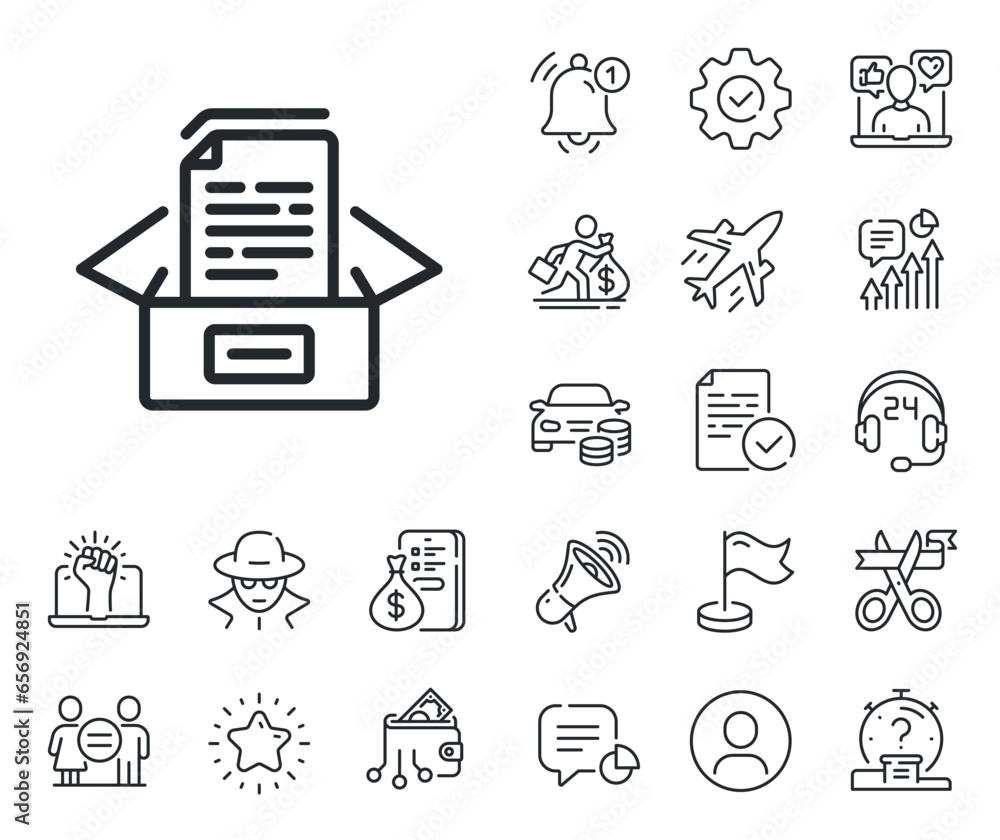 Poster doc files page sign. salaryman, gender equality and alert bell outline icons. documents box line ico