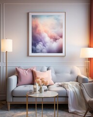 Cozy living room with pastel-colored decor, focus on a white-framed mockup painting illuminated by a stylish lamp, shot with soft focus.