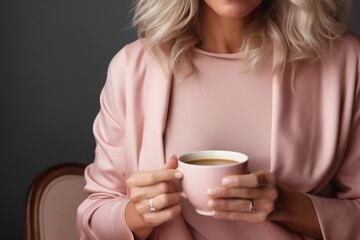 Elegant businesswoman with a cappuccino in a soft pink twin set, representing relaxation.