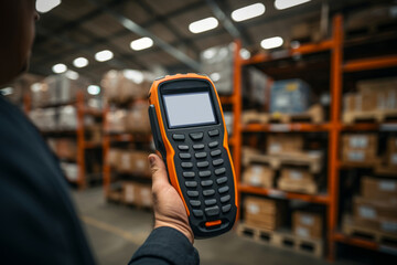 Barcode scanner in hand on warehouse background. delivery shipping concept - obrazy, fototapety, plakaty